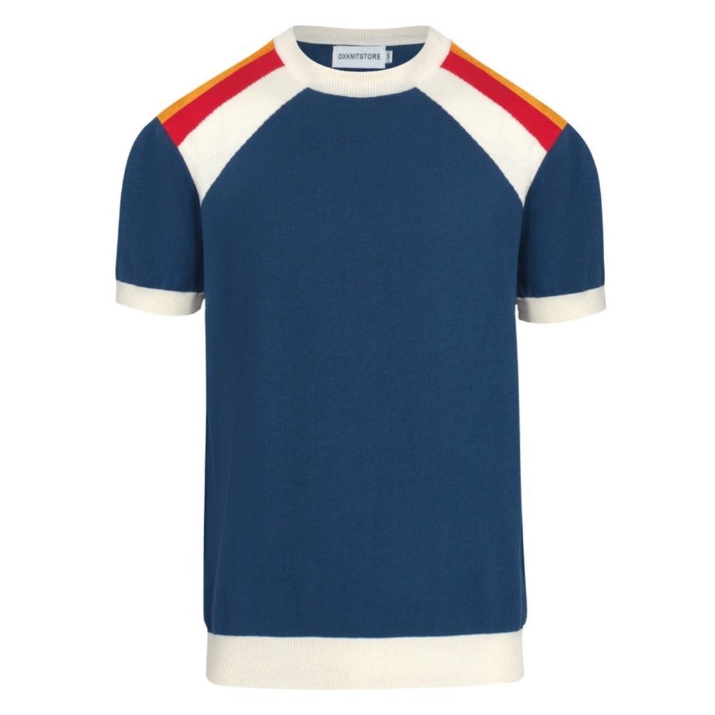 Men's 70s Colorblock Knit Tee – Retro Blue Shirt with Red