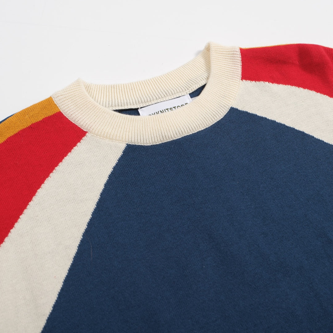 Men's 70s Colorblock Knit Tee – Blue Retro Stripe Crewneck