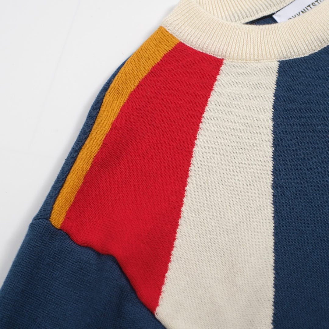 Men's 70s Colorblock Knit Tee – Blue Retro Stripe Crewneck