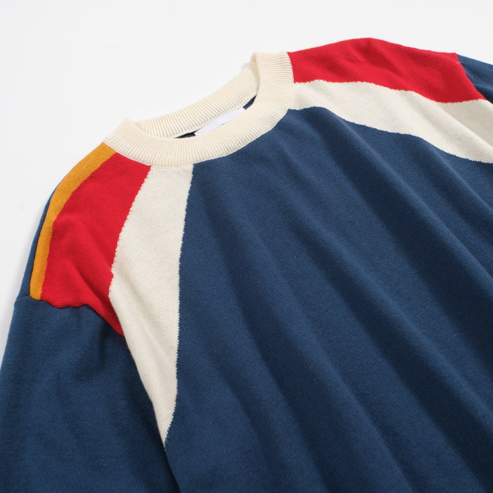 Men's 70s Colorblock Knit Tee – Blue Retro Stripe Crewneck