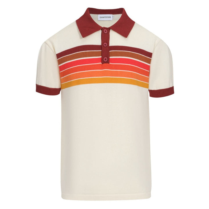 Men’s Vintage 1970s Knit Polo Shirt – Retro Cream with Sunset Stripe Design