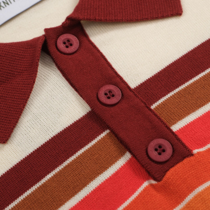 Men’s Vintage 1970s Knit Polo Shirt – Retro Cream with Sunset Stripe Design