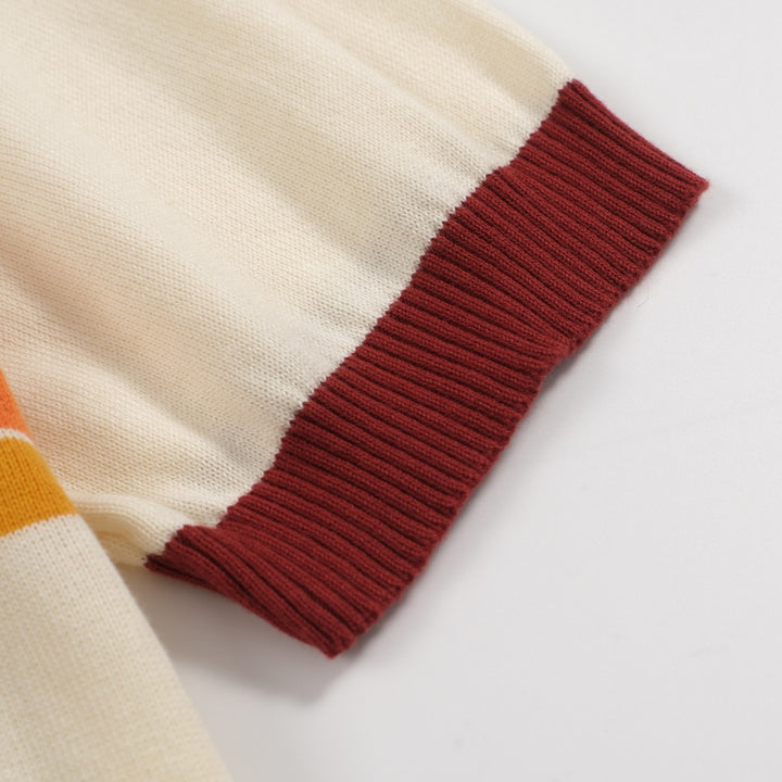 Men’s Vintage 1970s Knit Polo Shirt – Retro Cream with Sunset Stripe Design