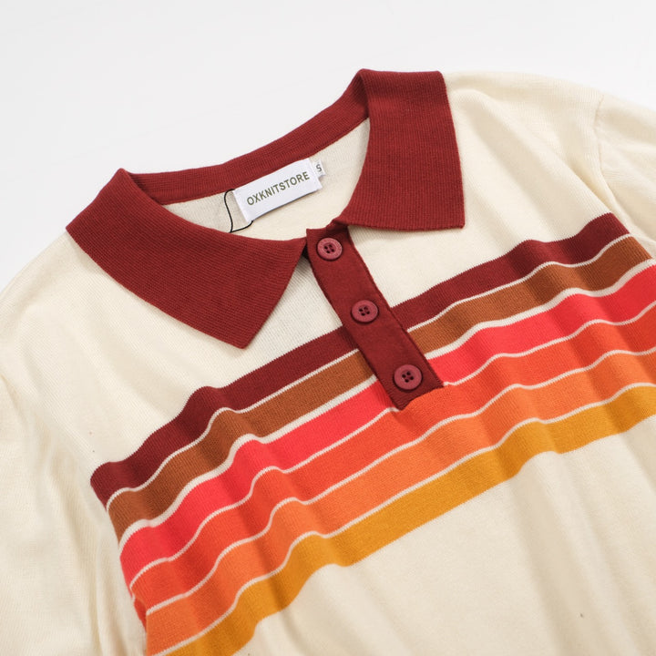 Men’s Vintage 1970s Knit Polo Shirt – Retro Cream with Sunset Stripe Design