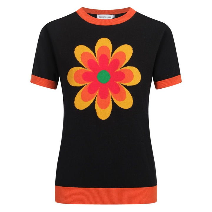 Camiseta feminina de malha preta com flores amarelas