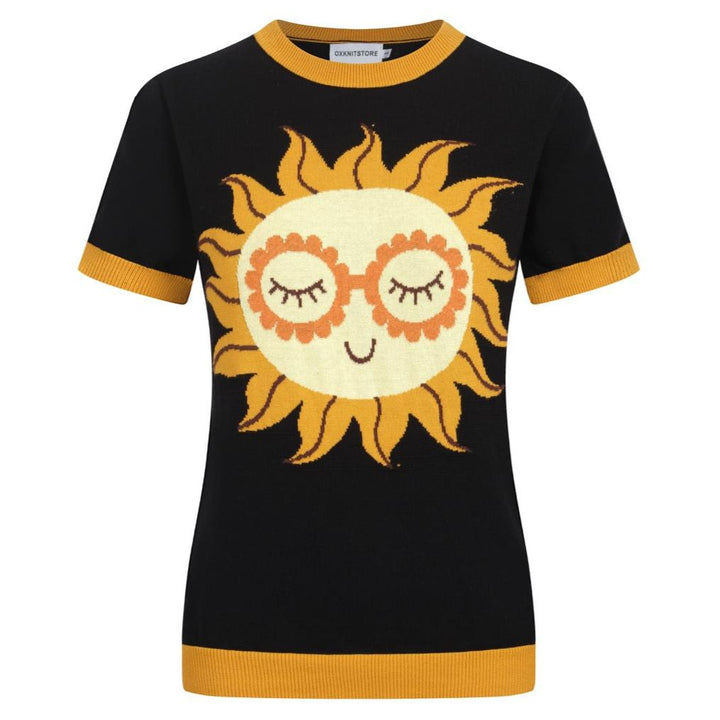 Camiseta feminina de malha preta com sol