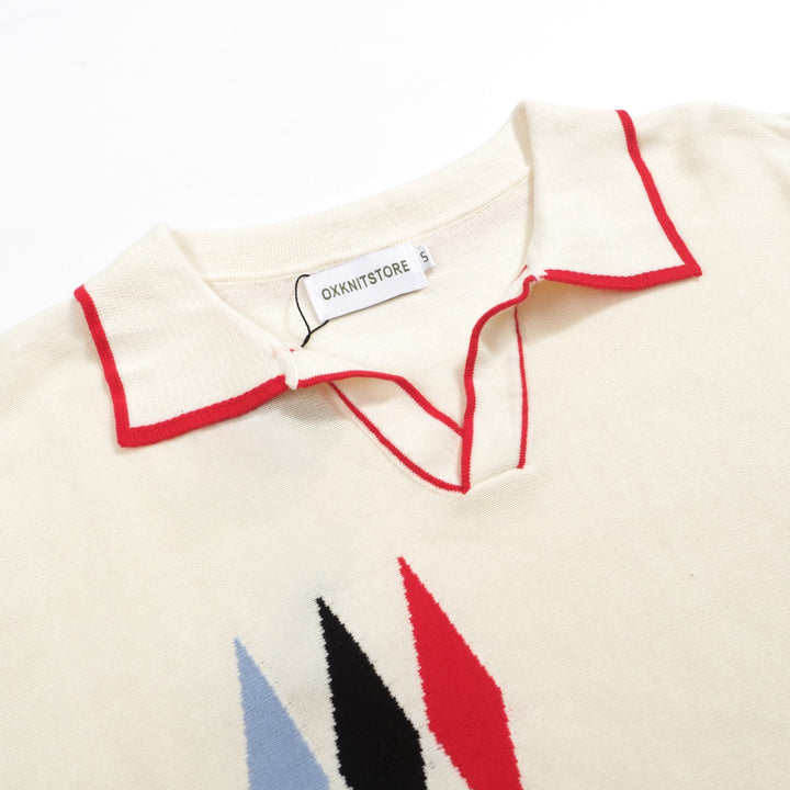 Men’s Vintage 1970s Knit Polo Shirt – Retro Cream with Red, Black & Blue Arrow Graphic