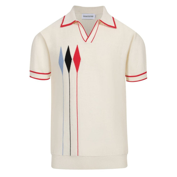 Men’s Vintage 1970s Knit Polo Shirt – Retro Cream with Red, Black & Blue Arrow Graphic
