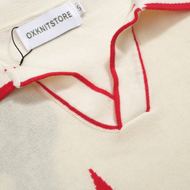 Men’s Vintage 1970s Knit Polo Shirt – Retro Cream with Red, Black & Blue Arrow Graphic