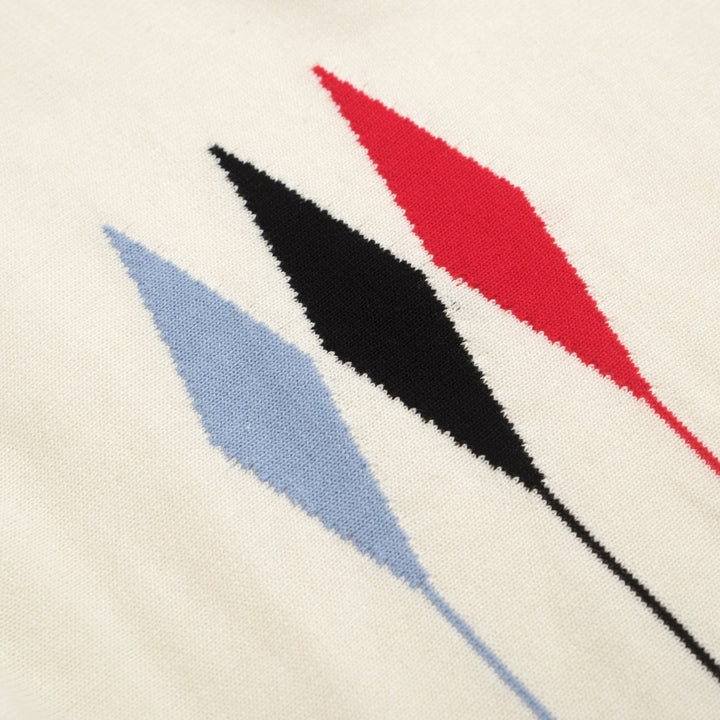 Men’s Vintage 1970s Knit Polo Shirt – Retro Cream with Red, Black & Blue Arrow Graphic
