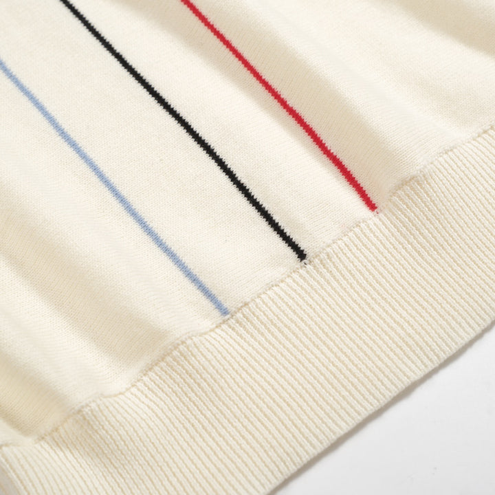 Men’s Vintage 1970s Knit Polo Shirt – Retro Cream with Red, Black & Blue Arrow Graphic