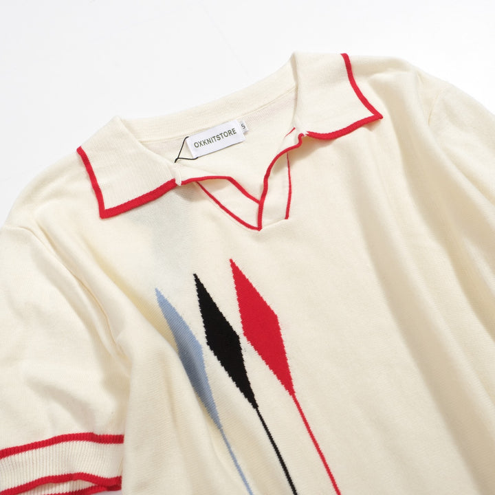 Men’s Vintage 1970s Knit Polo Shirt – Retro Cream with Red, Black & Blue Arrow Graphic