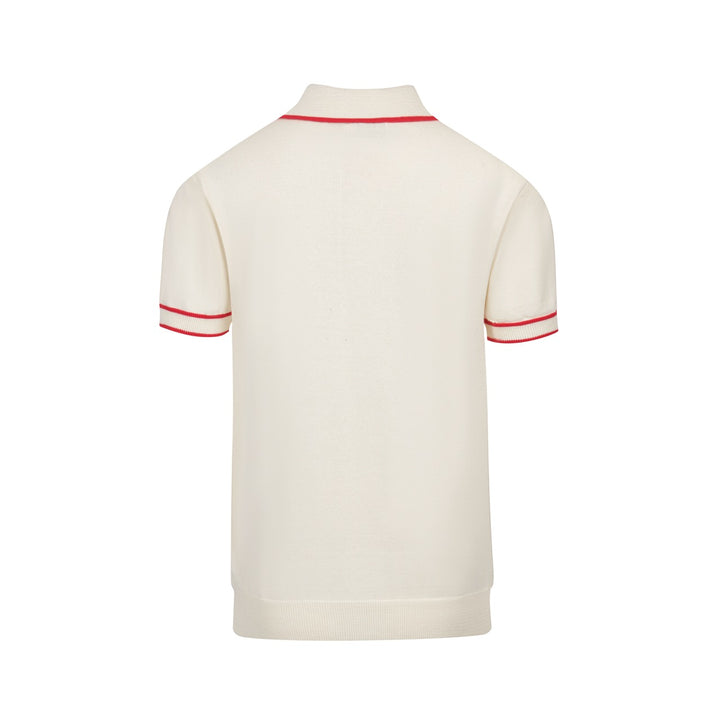 Men’s Vintage 1970s Knit Polo Shirt – Retro Cream with Red, Black & Blue Arrow Graphic