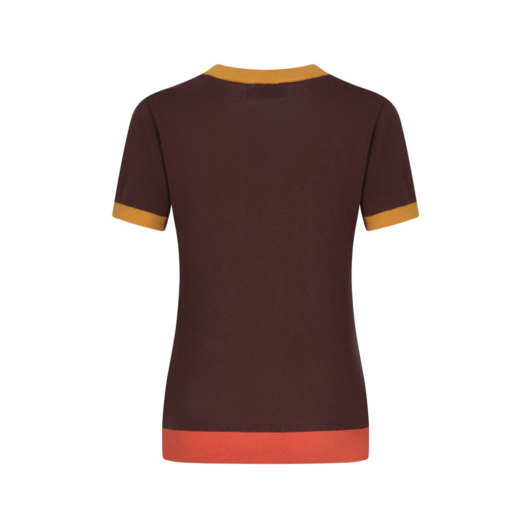 Mulheres Retro Wave Line Com Decote Em V Marrom Mangas Curtas Malhas