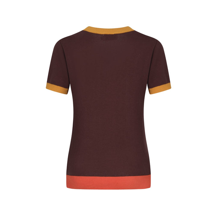 Mulheres Retro Wave Line Com Decote Em V Marrom Mangas Curtas Malhas