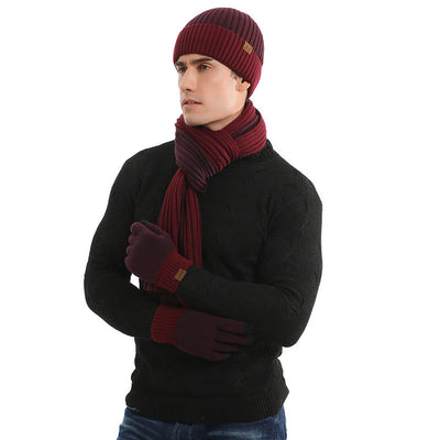 Autumn and Winter Woolen Cap Suit Color Matching Knitted Hat Thickened Scarf Gloves Three-Piece Set