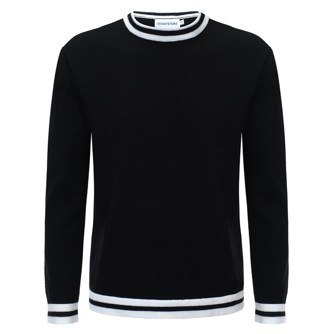 Retro Varsity stickad tröja för män – vintagesvart med vitrandiga detaljer