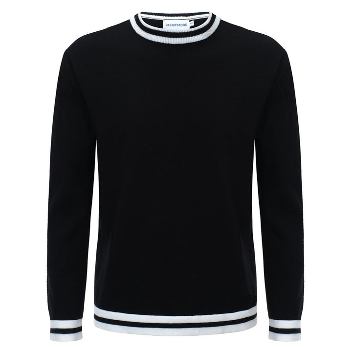 Retro Varsity stickad tröja för män – vintagesvart med vitrandiga detaljer