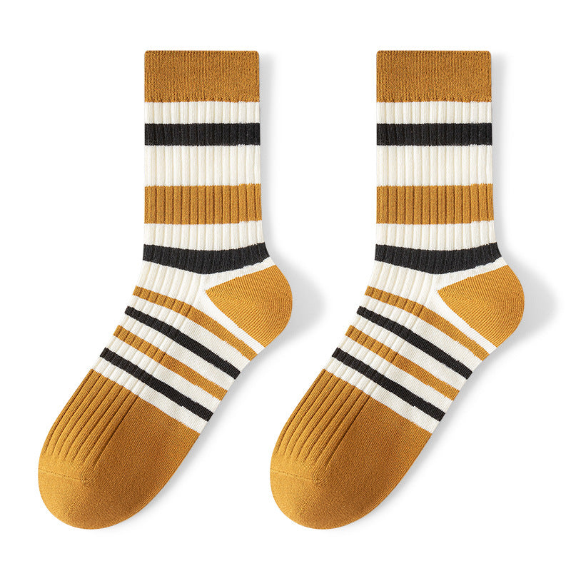 Breathable Sweat Absorbing Men's Mid-Calf Length Sock Striped Colors Retro Socks