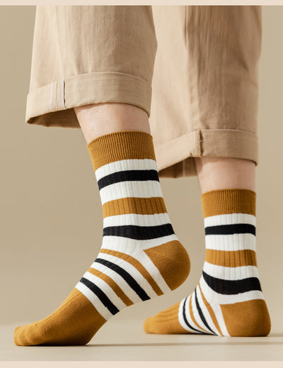 Breathable Sweat Absorbing Men's Mid-Calf Length Sock Striped Colors Retro Socks