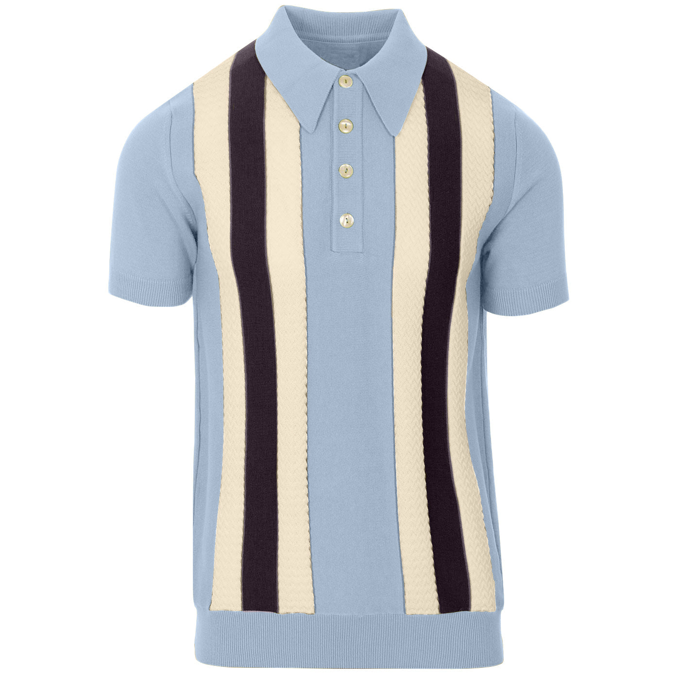 Men's Stripe Blue Knit Polo With White Jacquard Panel