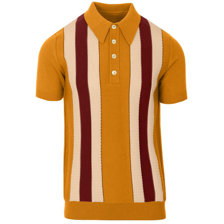 Polo masculino de malha dourada dos anos 70 – camisa retrô com listras