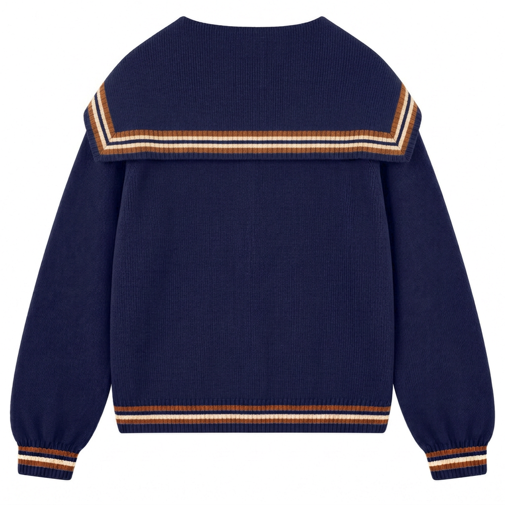 Damernas marinblå 70-tals preppy randig jacquardstickad kofta med sjömanskrage