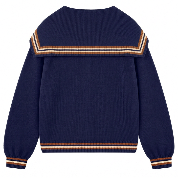 Damernas marinblå 70-tals preppy randig jacquardstickad kofta med sjömanskrage