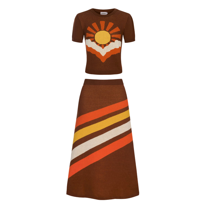 Women's brown sun striped vintage jacquard knit dress set