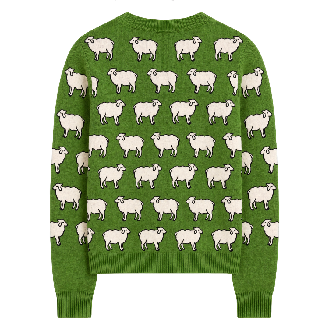Women's Green 70s Vintage Whimsical Countryside Animal Jacquard Knit Sweater