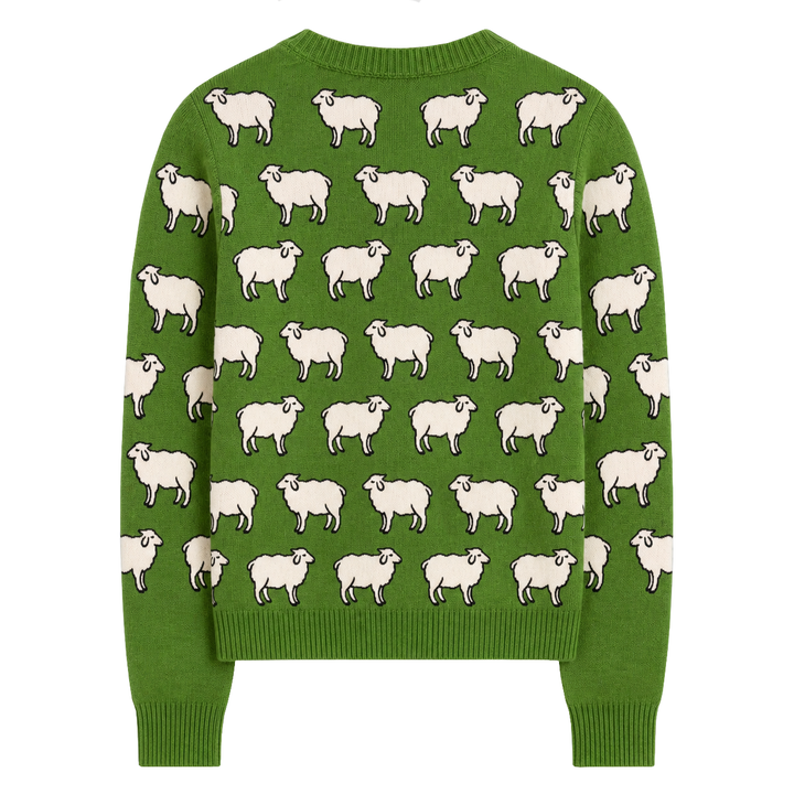 Women's Green 70s Vintage Whimsical Countryside Animal Jacquard Knit Sweater