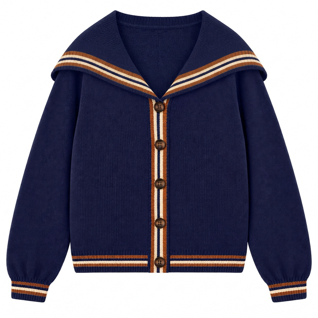 Damernas marinblå 70-tals preppy randig jacquardstickad kofta med sjömanskrage