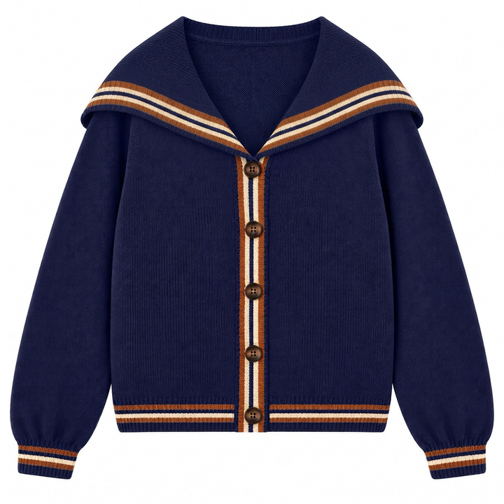Damernas marinblå 70-tals preppy randig jacquardstickad kofta med sjömanskrage