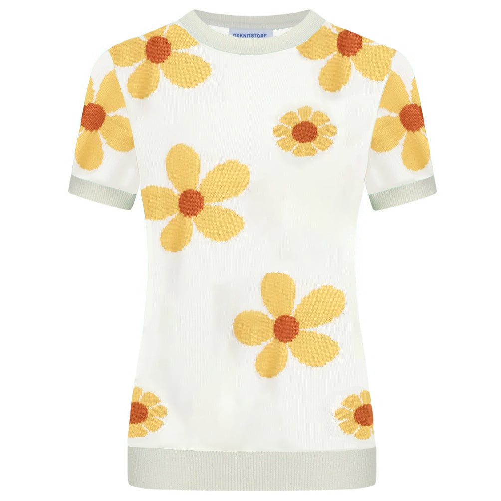 Women's floral woven round neck short-sleeved knit T-shirt