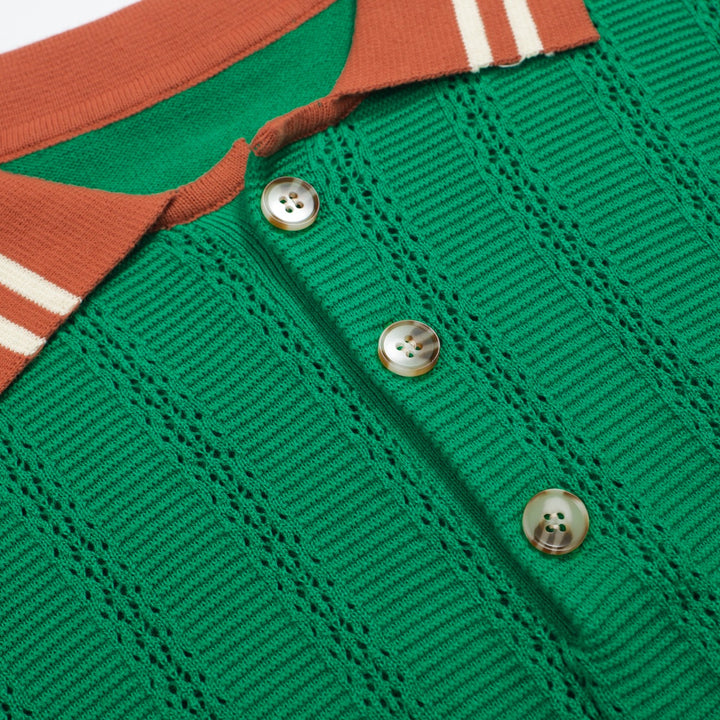 Men's 70s Knit Polo Sweater – Green Long Sleeve with Contrast Collar and Striped Trim