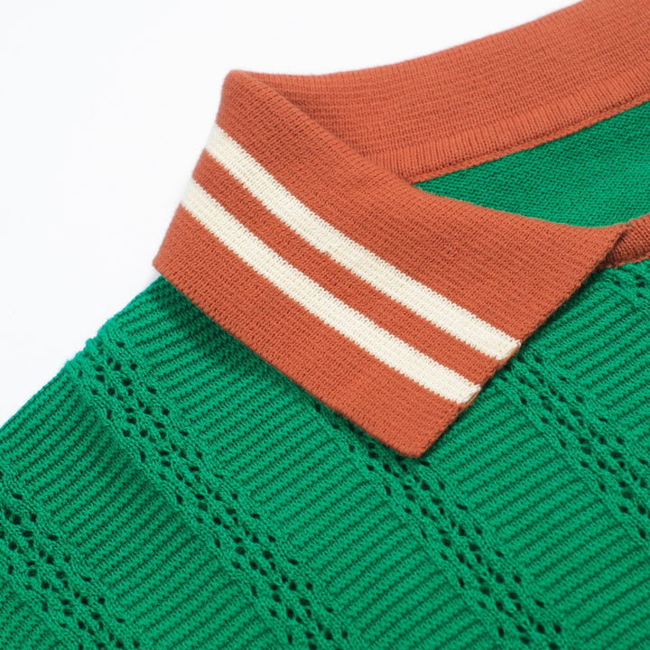 Men's 70s Knit Polo Sweater – Green Long Sleeve with Contrast Collar and Striped Trim