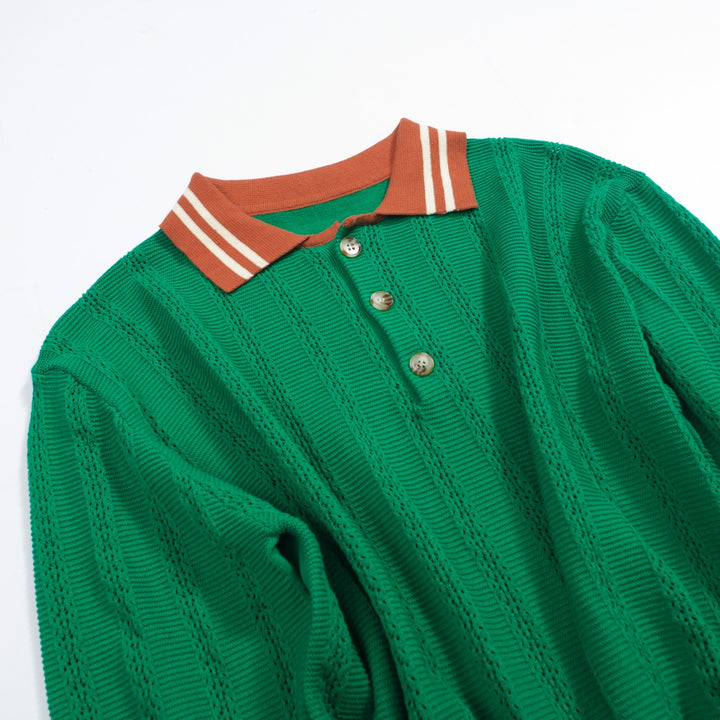 Men's 70s Knit Polo Sweater – Green Long Sleeve with Contrast Collar and Striped Trim
