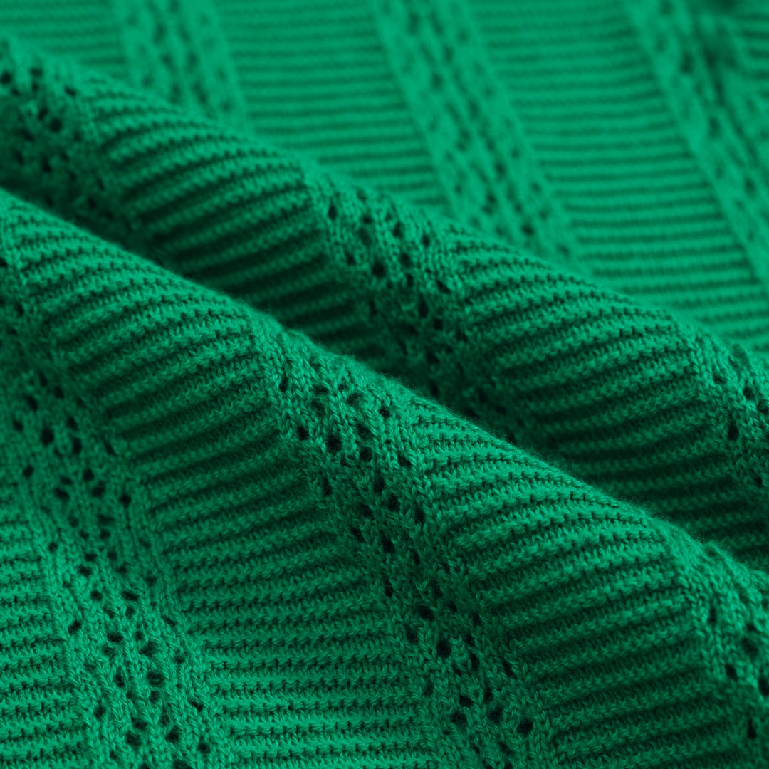 Men's 70s Knit Polo Sweater – Green Long Sleeve with Contrast Collar and Striped Trim
