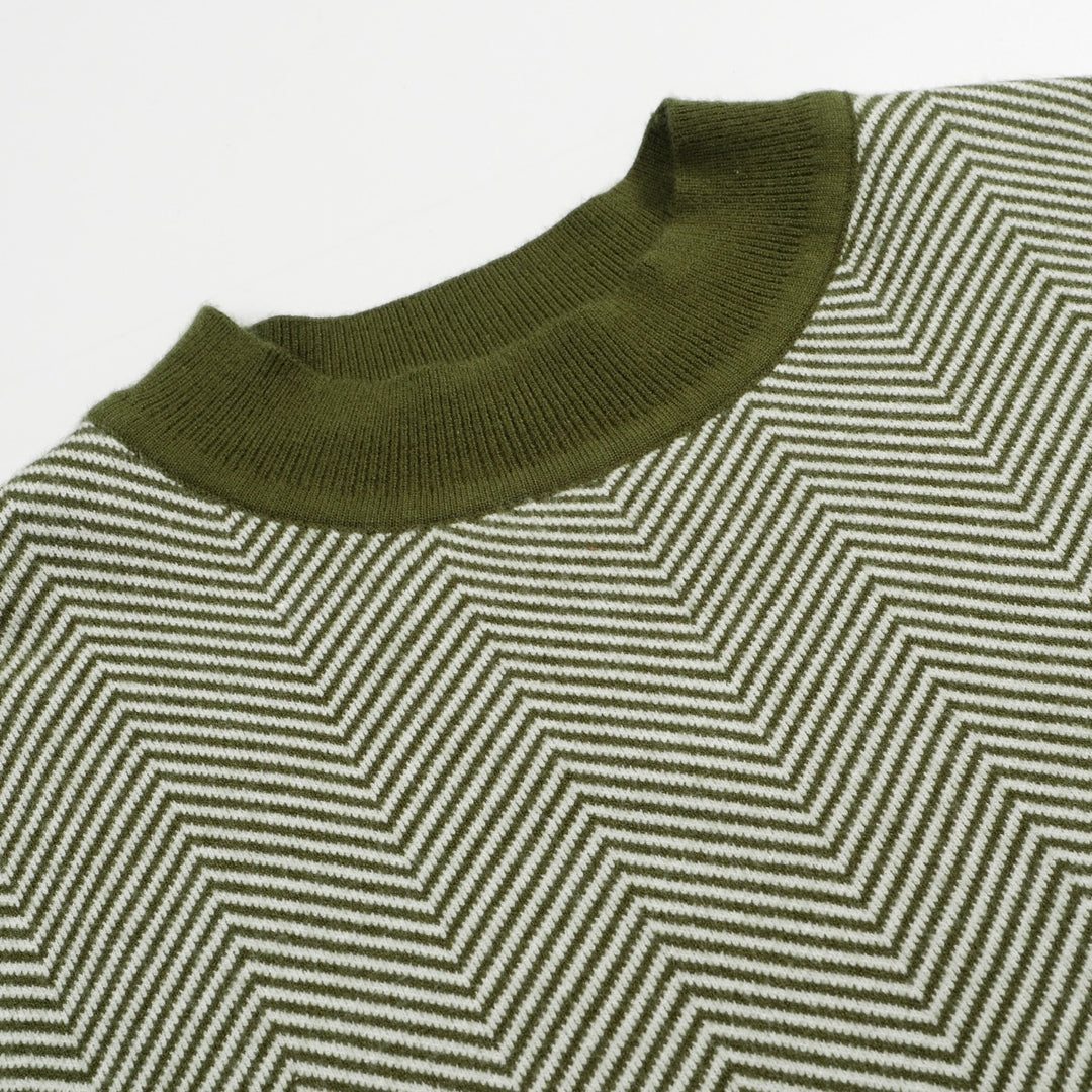 Men's Retro Herringbone Knit Sweater – Olive Green Vintage Pullover