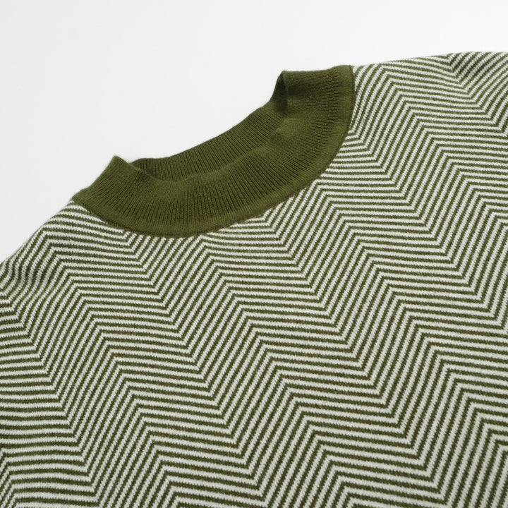 Men's Retro Herringbone Knit Sweater – Olive Green Vintage Pullover