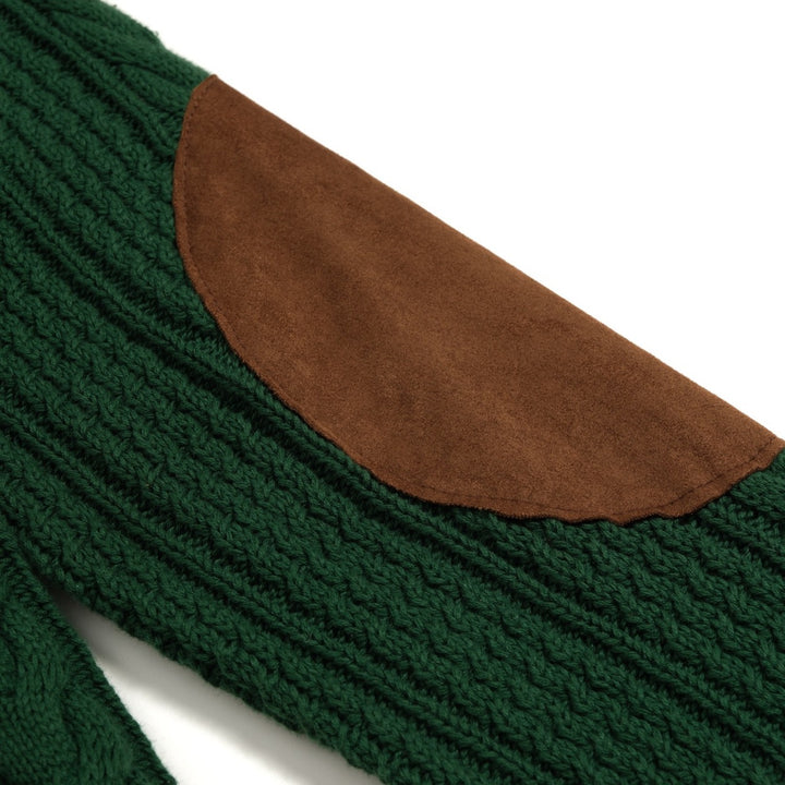 Men's Green Vintage Gentleman Faux Leather Elbow Patch Knit Polo Shirt