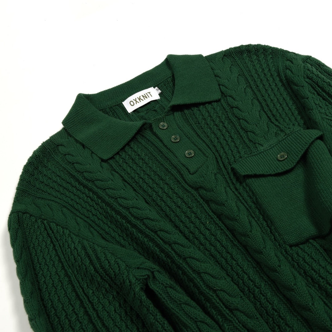 Men's Green Vintage Gentleman Faux Leather Elbow Patch Knit Polo Shirt