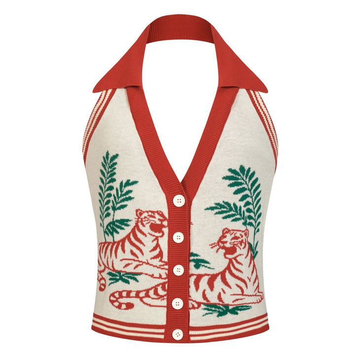 Women's Apricot Vintage Animal Pattern Jacquard Halter Knit Vest