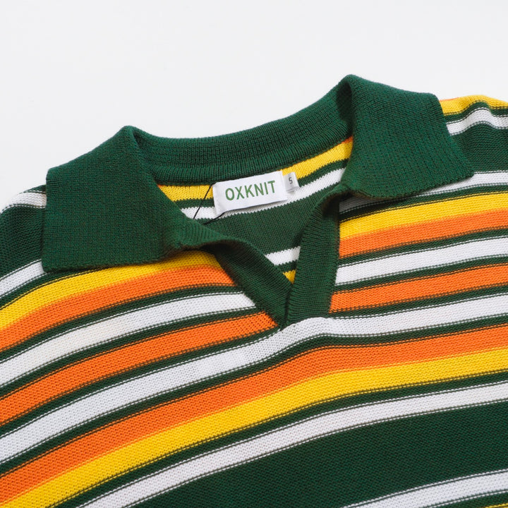 Men's green vintage striped knitted V-neck knitted polo