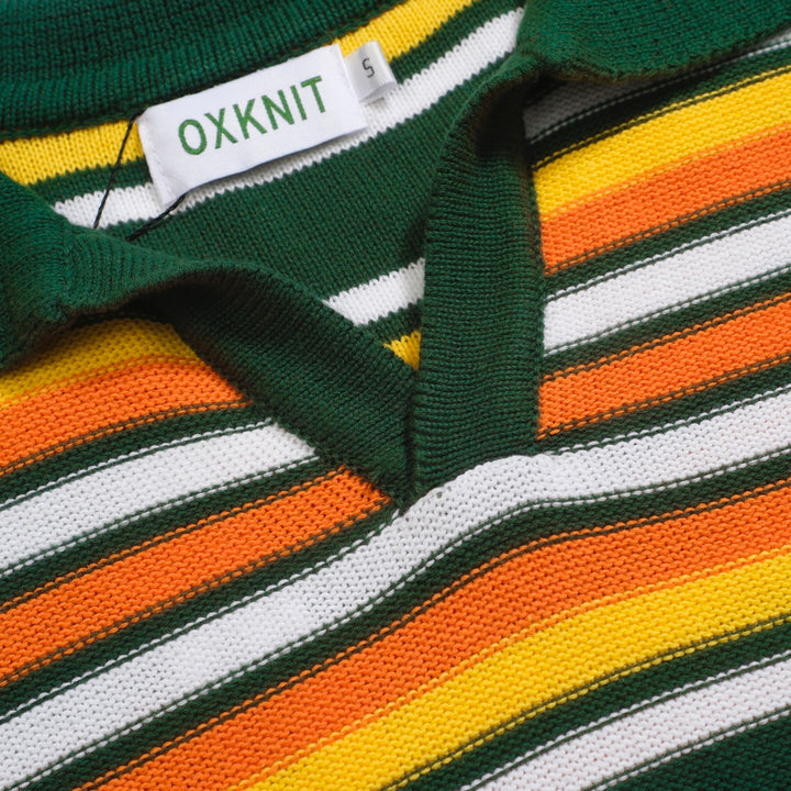 Men's green vintage striped knitted V-neck knitted polo