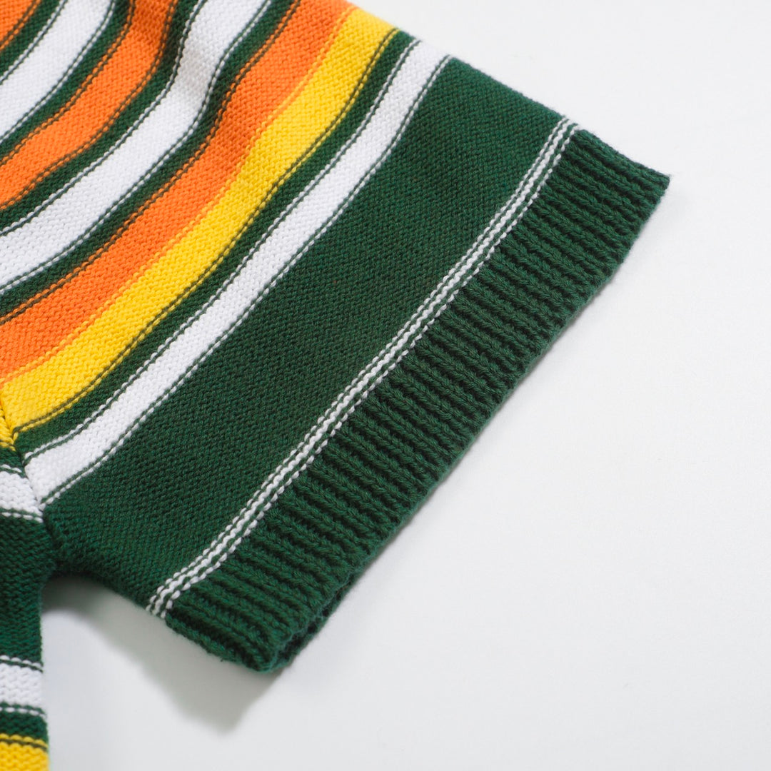 Men's green vintage striped knitted V-neck knitted polo