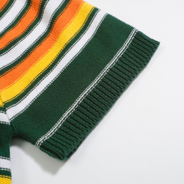 Men's green vintage striped knitted V-neck knitted polo