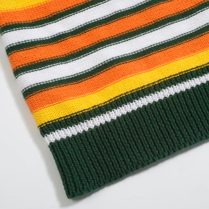 Men's green vintage striped knitted V-neck knitted polo