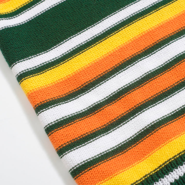 Men's green vintage striped knitted V-neck knitted polo