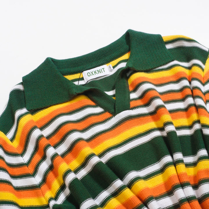 Men's green vintage striped knitted V-neck knitted polo